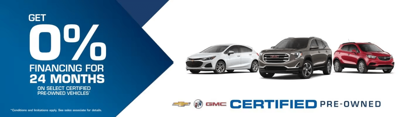 Image featuring three certified pre-owned vehicles: a Chevrolet sedan, a GMC SUV, and a Buick compact. Text highlights an offer of 0% financing for 24 months on select certified pre-owned vehicles, promoting Chevy and GMC brands.