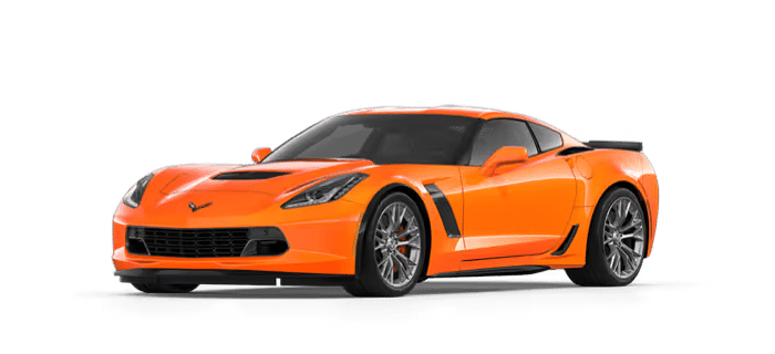 A vibrant orange Chevrolet Corvette C7 Stingray sports car showcasing a sleek design, aggressive front grille, and high-performance wheels, positioned in a slight angle to highlight its aerodynamic curves and modern styling.