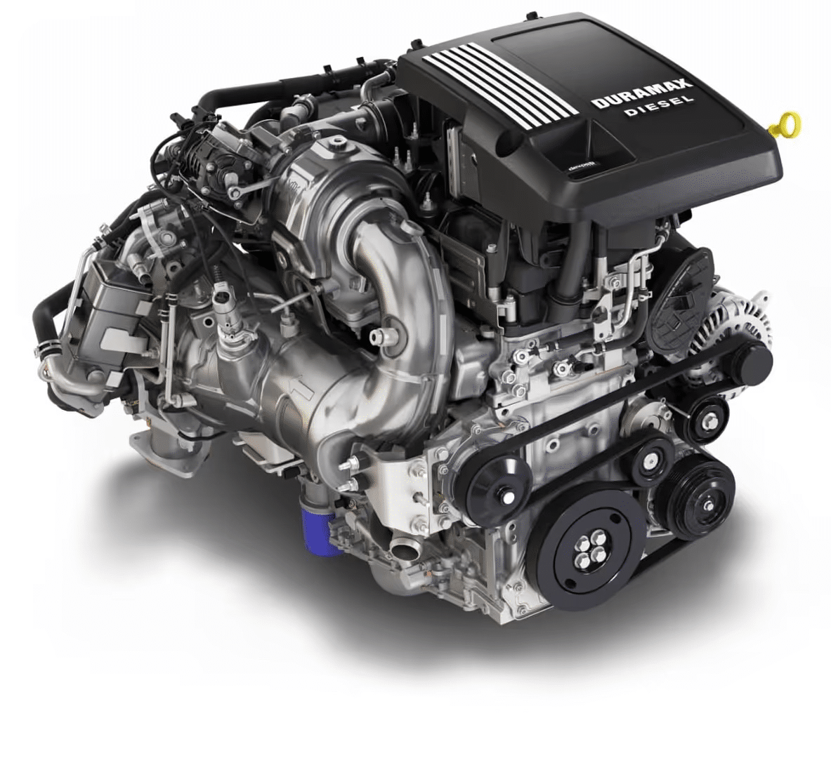 High-performance Duramax diesel engine showcasing turbocharger and advanced engineering components for enhanced power and efficiency. Ideal for heavy-duty vehicles and applications.