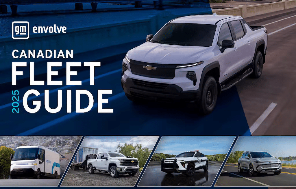 2025 Canadian Fleet Guide showcasing a variety of Chevrolet vehicles, including a white pickup truck, delivery van, and other fleet options on a scenic highway background. This guide highlights GM's commitment to fleet solutions for Canadian businesses.