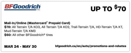 Bridgestone tire promotion offering up to $150 on select models, including WeatherPeakâ„¢, Alenzaâ„¢, Duelerâ„¢, DriveGuardâ„¢, Ecopiaâ„¢, Potenzaâ„¢, and Turanzaâ„¢. Valid online only with installation at participating dealers. Offer period: March 10 to May 31. Visit bridgestonerewards.com for details.