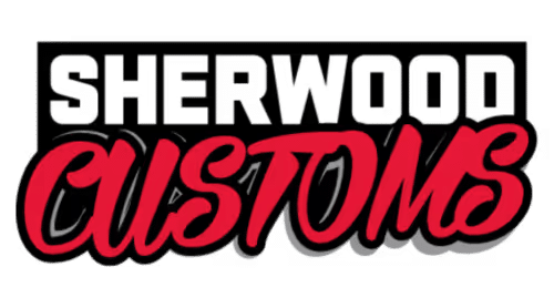 Logo for Sherwood Customs, featuring bold, stylized typography in red and black. Ideal for showcasing custom design and automotive services.