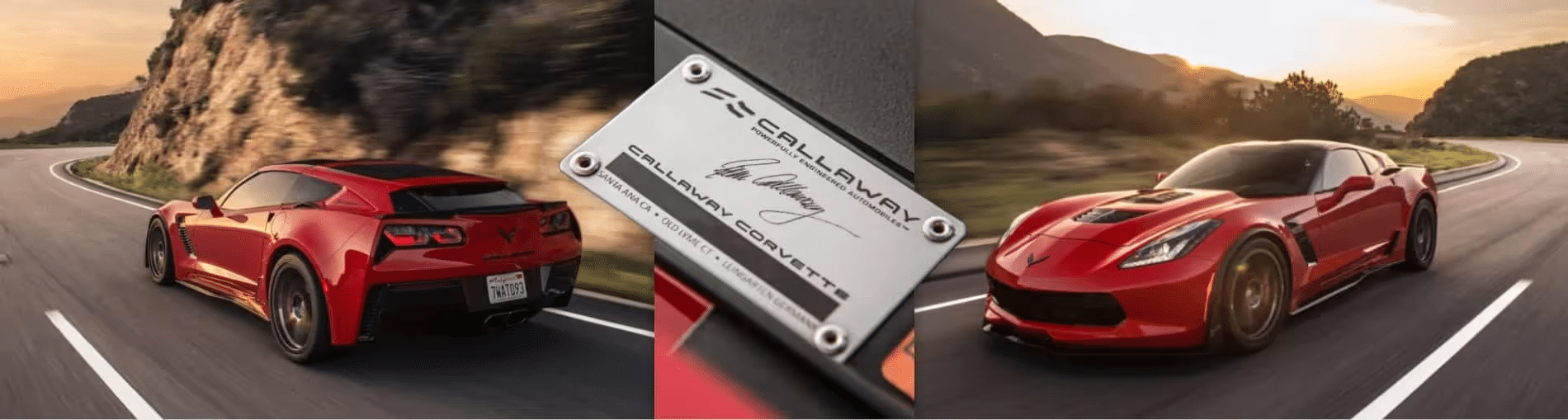 High-performance Callaway Corvette in red, captured from the rear and front angles on a winding road at sunset, showcasing the car's sleek design and signature plate. Ideal for automotive enthusiasts and car collectors.