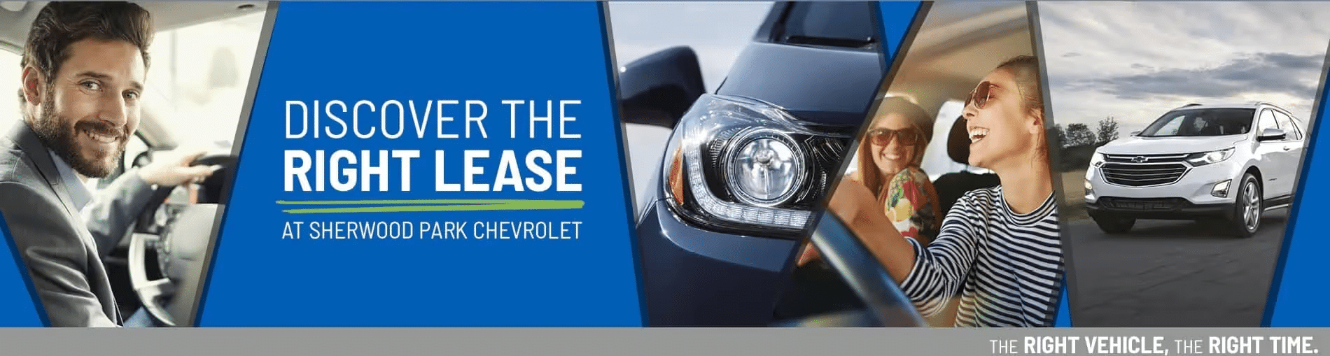 Man smiling in a car, showcasing happy customers and vehicles at Sherwood Park Chevrolet, promoting leasing options.