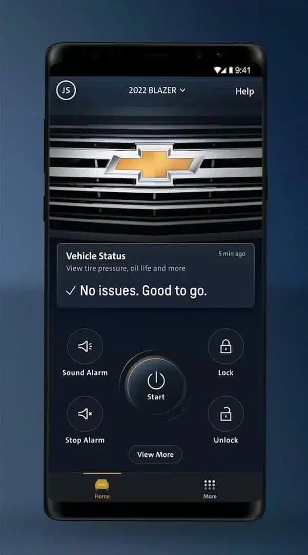 Mobile app interface for the 2022 Chevrolet Blazer displaying vehicle status, indicating no issues, and providing options to sound an alarm, start the vehicle, lock or unlock doors.