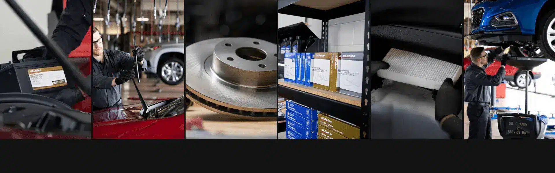 Image showing automotive service activities including battery installation, brake rotor inspection, and oil changes at a mechanic shop. Various auto parts like filters and brake components are neatly organized on shelves.
