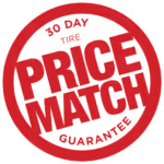 Red circular badge promoting a 30-day tire price match guarantee, emphasizing competitive pricing for customers.