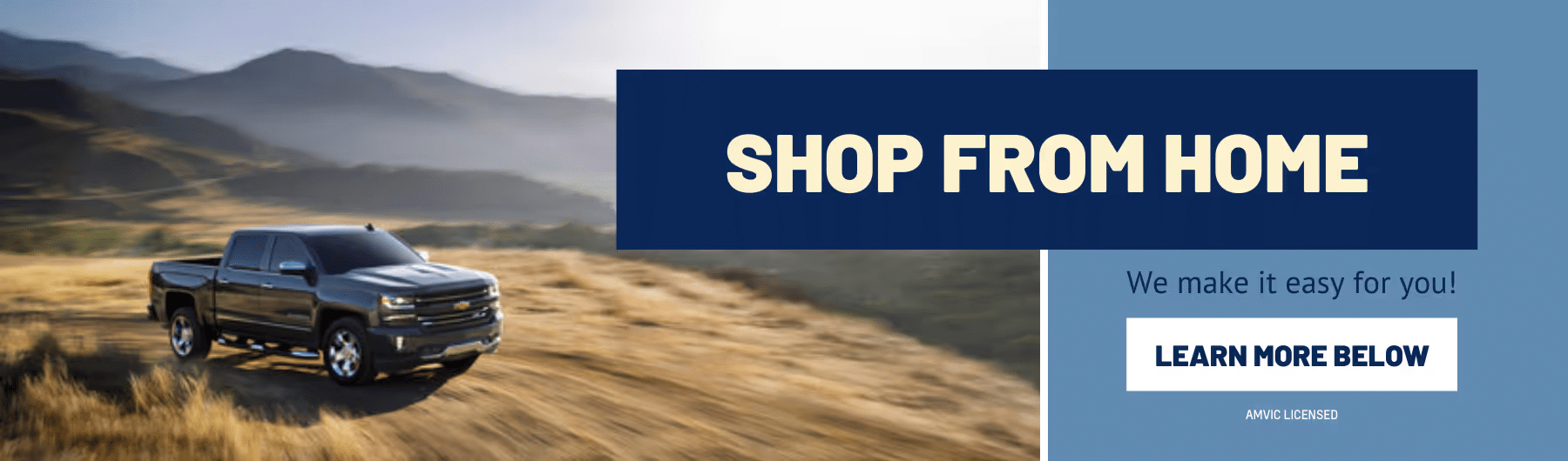 Black pickup truck driving through a grassy landscape with mountains in the background, promoting a "Shop From Home" offer for easy vehicle buying.