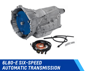 6L80-E six-speed automatic transmission displayed with components including wiring harness and connectors, designed for enhanced vehicle performance and efficiency.