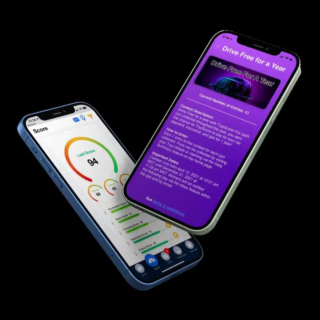 Two smartphones displaying a mobile app interface for a contest titled "Drive Free for a Year." One phone shows a score dashboard with metrics, while the other features contest details, including entry information and important dates. The vibrant design highlights user engagement and features of the app related to driving and insurance contests.