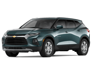 2023 Chevrolet Blazer in dark green, showcasing a modern design with sleek lines and a confident stance, parked on a white background. Ideal for those seeking style and performance in an SUV.