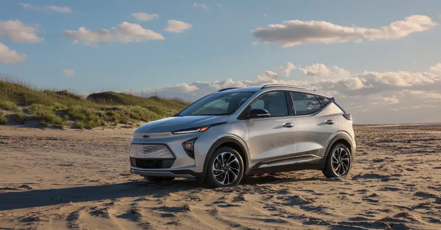 A silver Chevrolet electric vehicle parked on sandy beach terrain with grass dunes and a blue sky in the background.