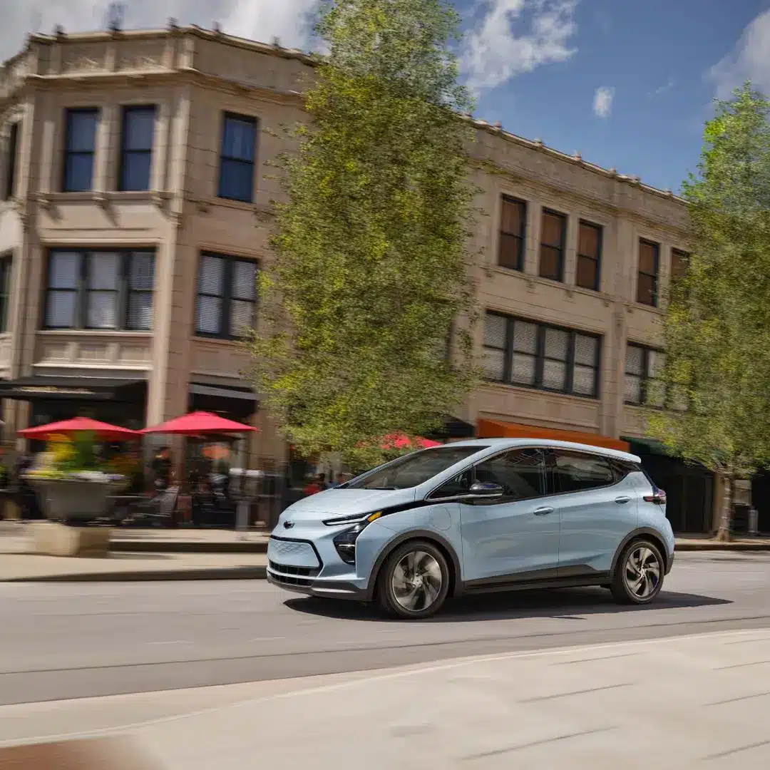 A light blue electric car, the Chevrolet Bolt, driving through a vibrant urban street scene with trees and outdoor cafe seating under red umbrellas. Historic buildings line the street, highlighting a modern yet classic city atmosphere.