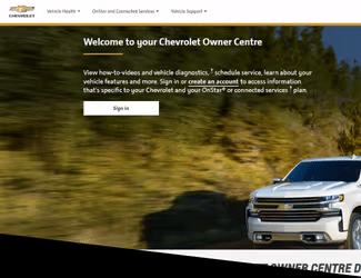 Chevrolet Owner Centre homepage featuring a silver Chevrolet truck parked in a scenic outdoor setting, showcasing vehicle services, diagnostics, and account sign-in options for Chevrolet owners.