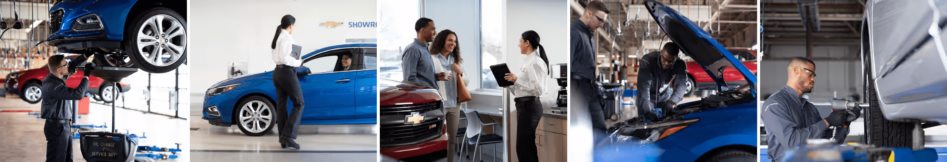 Automobile service center with technicians performing maintenance and repairs on vehicles. Scenes include tire inspection, customer consultations, and staff interacting with clients in a Chevrolet dealership setting.