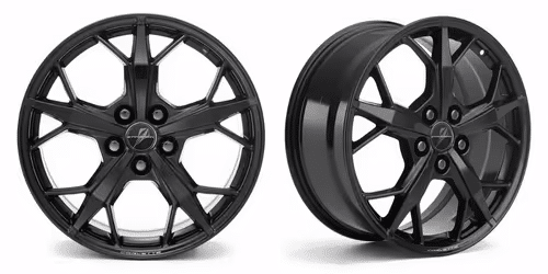 Black alloy wheels with a modern multi-spoke design, showcasing a polished finish and a sturdy build, ideal for enhancing vehicle aesthetics and performance.