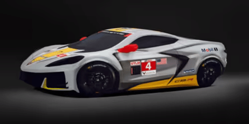High-performance Chevrolet Corvette C8.R sports car in a sleek silver and yellow design, featuring racing decals and numbers. Ideal for motorsport enthusiasts and automotive professionals.