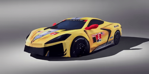 A vibrant yellow racing car featuring sleek lines, red accents, and bold sponsor logos, designed for high performance and speed on the track.