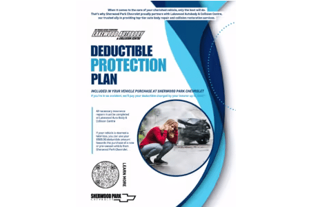 Informative flyer for Sherwood Park Chevrolet's Deductible Protection Plan, highlighting benefits included with vehicle purchases, featuring an image of a woman examining a damaged car. The design incorporates the Sherwood Park Chevy logo and emphasizes vehicle protection options.