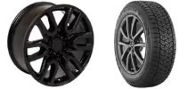 Black steel wheel and modern alloy wheel with premium tire, showcasing different types of automotive wheels for various vehicle needs.