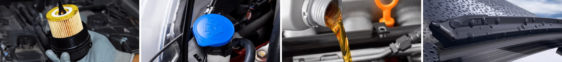 Close-up images of key automotive maintenance components: a hand holding an oil filter, a blue windshield washer fluid cap, pouring motor oil into an engine, and a wet windshield wiper assembly. These visuals emphasize essential vehicle upkeep tasks.