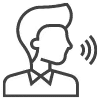 A stylized icon of a man speaking, depicting sound waves emanating from his mouth, symbolizing communication and public speaking.