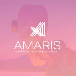 Logo of Amaris, an adoption and family support services organization, featuring a modern design with a pink gradient background.