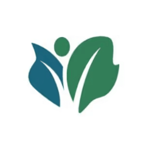 Logo design featuring a stylized human figure integrated with green leaves, symbolizing health and nature.