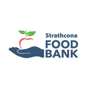 Logo of Strathcona Food Bank featuring a stylized hand holding an apple with leaves, symbolizing support and nourishment for the community.