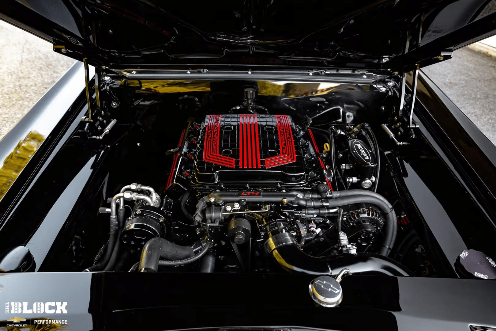 Engine compartment featuring a turbocharged LTR engine with a distinctive red and black valve cover, showcasing high-performance components and sleek design. Ideal for automotive enthusiasts and performance car builders.