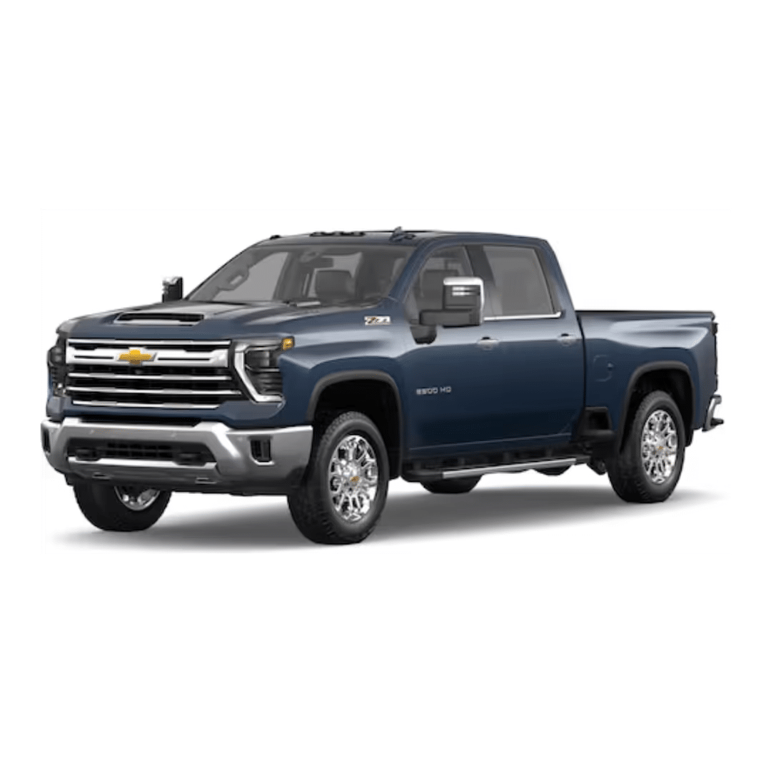 Blue Chevrolet Silverado 2500 HD pickup truck with chrome accents, showcasing a modern design and robust build ideal for heavy-duty tasks and off-road adventures.