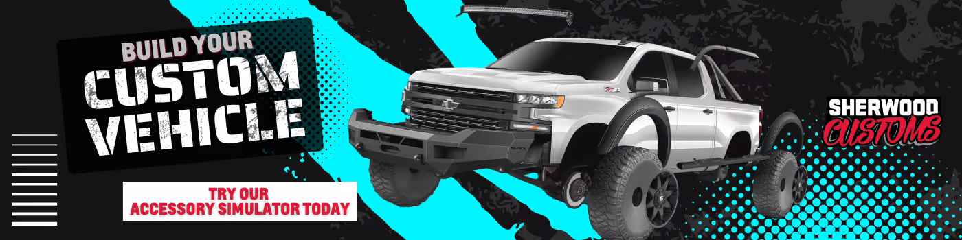 An advertisement for Sherwood Customs featuring a customizable pickup truck, showcasing the option to build a custom vehicle and inviting customers to try the accessory simulator.