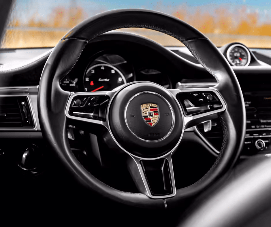 Close-up view of a Porsche steering wheel featuring a distinctive logo, modern controls, and a sporty design, set against a blurred background of a serene landscape.