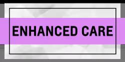 Text graphic featuring the words "ENHANCED CARE" in bold black letters on a light gray background with a purple banner.