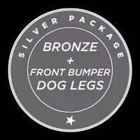Silver package logo featuring the text "Bronze + Front Bumper Dog Legs," highlighting features of a service or product package for pet owners.