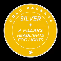 Gold package upgrade featuring the silver package plus additional enhancements including A pillars, headlights, and fog lights, presented in a yellow circular design.