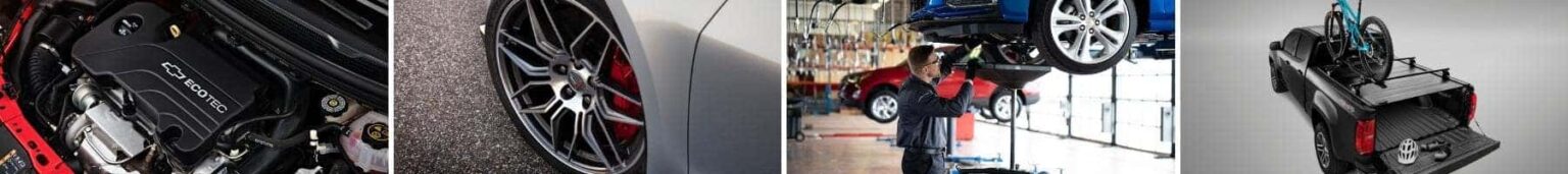 Automotive technology collage featuring a Chevy Ecotec engine, a close-up of alloy wheels, a mechanic servicing a vehicle, and a truck with a bike rack.