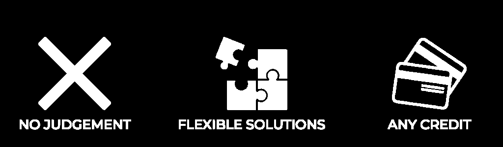 Icons representing key services: "No Judgement," "Flexible Solutions," and "Any Credit." Suitable for conveying a welcoming approach to financial services or support.