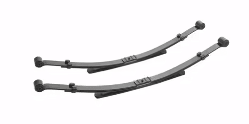 Curved black leaf springs for automotive suspension, designed for improved load support and stability.