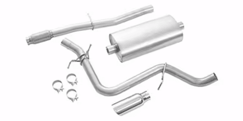 Automotive exhaust system components including a muffler, pipes, and clamps designed for enhancing vehicle performance and sound.
