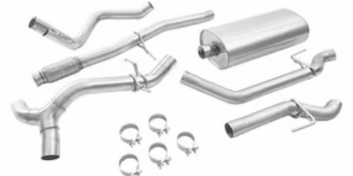 Stainless steel exhaust system components including pipes, a muffler, and clamps, designed for enhanced vehicle performance and sound efficiency.