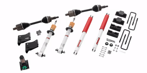 High-performance car suspension and drivetrain parts including shock absorbers, CV axles, mounting brackets, and various assembly hardware, ideal for automotive upgrades and repairs.