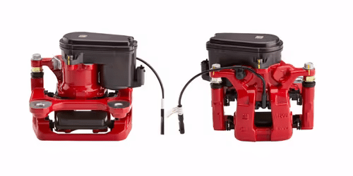 Red hydraulic pump assembly with a compact design, featuring dual reservoirs and connection hoses, ideal for industrial and automotive applications.