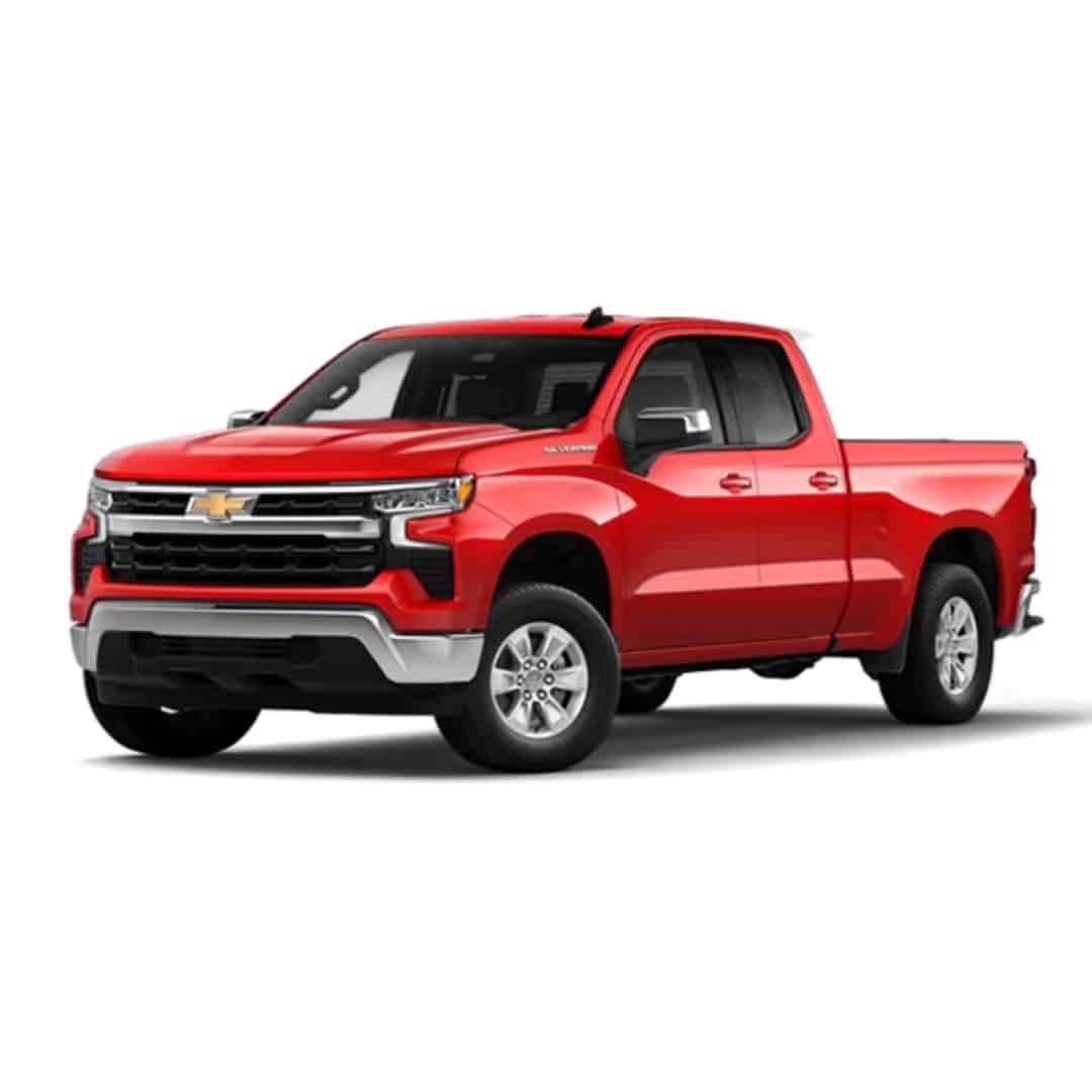 Red Chevrolet Silverado pickup truck with a modern design and spacious interior. Ideal for work and recreational use, showcasing rugged capabilities and advanced features.