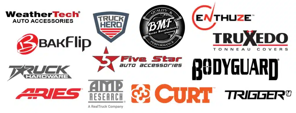 Collection of automotive accessory brand logos including WeatherTech, Truck Hero, BakFlip, Five Star, and more, showcasing a variety of products for truck enthusiasts.