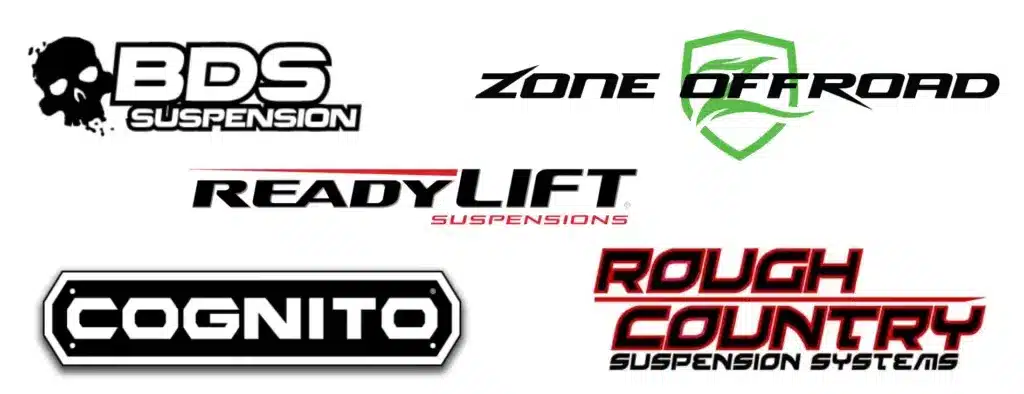 Logos of popular suspension brands including BDS Suspension, Zone Offroad, ReadyLIFT Suspensions, Cognito, and Rough Country Suspension Systems, showcasing their commitment to quality and performance in off-road vehicle modifications.