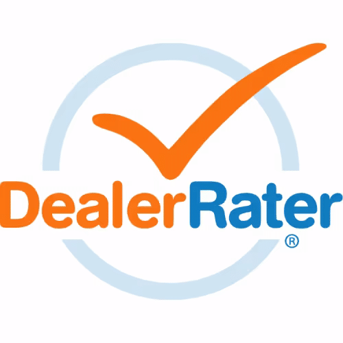 DealerRater logo featuring an orange checkmark and blue text, symbolizing customer reviews and ratings for dealerships.