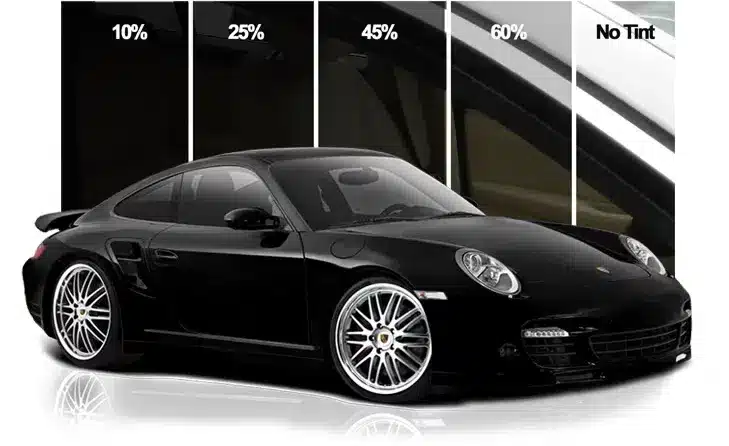 Black Porsche 911 car displayed alongside window tint options showing varying darkness levels: 10%, 25%, 45%, 60%, and no tint. Ideal for showcasing vehicle styling and customization choices.