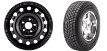 Gray alloy car wheel with five spokes next to a black tire with traction grooves.