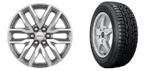Gray alloy car wheel with five spokes next to a black tire with traction grooves.